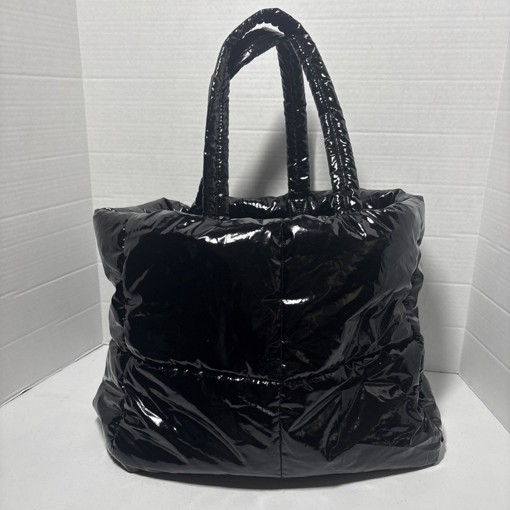 H&M Tote Shoulder Bag Purse Black Puffy Nylon Pre Owned EUC